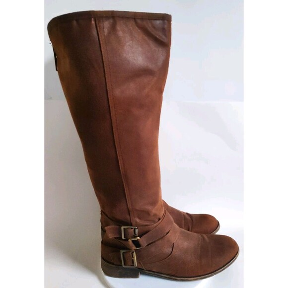 Madden Girl Campus Tan Faux Leather Back Zip Knee High Riding Boots Wide Calf 10 - Picture 2 of 12